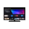 Schwarzer HD Ready Fernseher mit schmalem Rahmen und Standfüßen, mittig platziert, vor neutralem Hintergrund, mit erkennbarem Bildschirm.