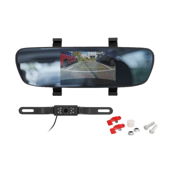 Ein Auto-Rückspiegel mit integriertem Display zeigt das Bild einer Rückfahrkamera. Die Kamera ist am hinteren Nummernschild des Autos montiert.
