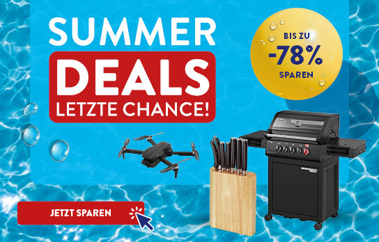 Drei Produkte auf hellblauem Hintergrund mit der Headline &amp;quot;Summer Deals bis zu 78 % sparen&amp;quot;