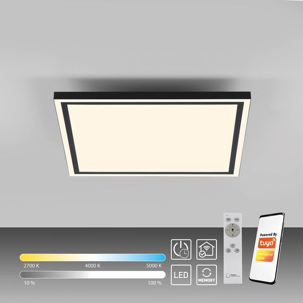 Quadratische LED-Deckenleuchte mit abgerundeten Ecken, montiert an einer weißen Decke. Das Licht ist eingeschaltet und leuchtet hell. Die Leuchte ist flach und modern gestaltet.