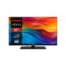 Schwarzer HD Ready TV mit schmalem Rahmen, stehend auf zwei Füßen. Der Bildschirm zeigt ein helles, unspezifisches Bild.