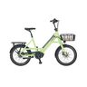Kompaktes E-Bike Urbanicer in Grau mit tiefem Einstieg, Gepäckträger hinten, Schutzblechen und Frontscheinwerfer vor einem neutralen Hintergrund.