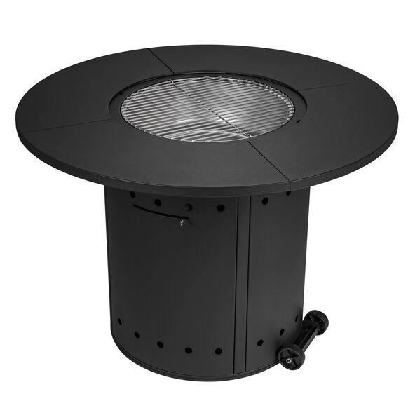 Runder Ambiente-Feuertisch für Kohlebetrieb mit Steinoptik, umgeben von Sitzgelegenheiten im Außenbereich, erzeugt eine gemütliche Atmosphäre.