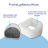 Trinkbrunnen Drinkwell für Hunde und Katzen. Ein weißes, leicht transparentes Gefäß mit abnehmbarem Aufsatz, aus dem Wasser fließt.
