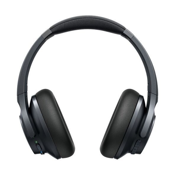 Schwarzer Over-Ear Bluetooth-Kopfhörer Anker mit silbernen Akzenten. Die Ohrmuscheln sind weich gepolstert und der Bügel ist verstellbar. Das Design ist schlicht und modern.
