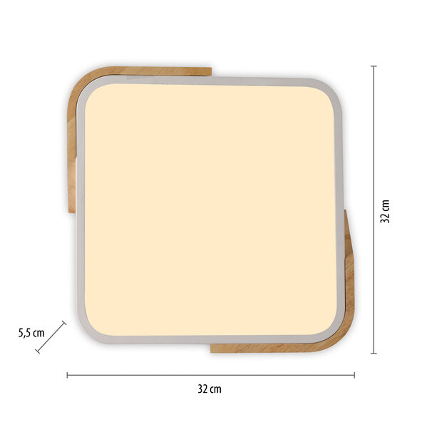 Weiße, quadratische LED-Deckenleuchte BILA mit sanft abgerundeten Ecken, die ein diffuses, helles Licht abstrahlt.
