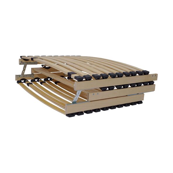 Klappbarer Lattenrost, bestehend aus Holzlatten, die auf einem Metallrahmen montiert sind. Der Rost ist mittig zusammengeklappt und zeigt seine Flexibilität.