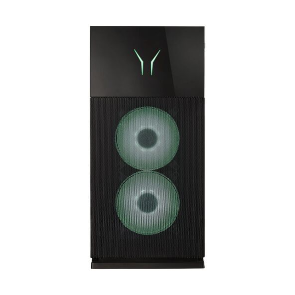 Gaming PC Hunter, RTX, Frontansicht: Schwarzes Gehäuse mit RGB-Beleuchtung, transparente Seitenwand, die Innenleben und Grafikkartenkühler zeigt.