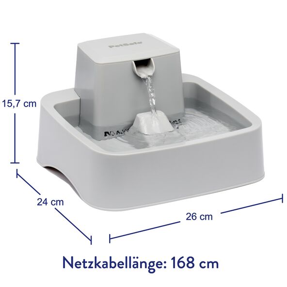 Trinkbrunnen Drinkwell für Hunde und Katzen, aus grauem Kunststoff, mit abnehmbarem Wasserturm und Auffangbecken, für zirkulierendes Wasser.
