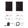 Zwei Solarmodule auf einem schwarzen Metallrahmen, verbunden mit einem Wechselrichter. Das Set ist freistehend vor einem neutralen Hintergrund dargestellt.