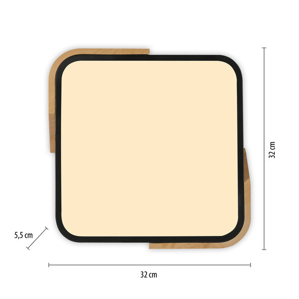 Schwarze, quadratische LED-Deckenleuchte BILA, aufgenommen im Detail. Sie zeigt eine gleichmäßige, helle Ausleuchtung der Fläche und eine schlichte, moderne Optik.