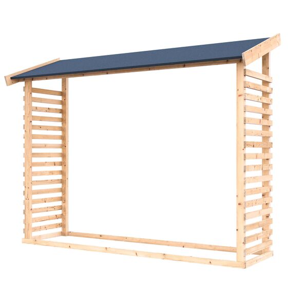 Kaminholzunterstand XL aus grauem Metall, freistehend, mit dunklem Holzfußboden und gelagertem Kaminholz, vor einem hellen Hintergrund.