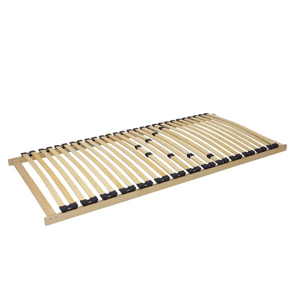 Klappbarer Lattenrost aus Holz mit Metallscharnieren, bestehend aus mehreren horizontalen Latten, die auf einem Rahmen befestigt sind. Der Lattenrost ist für eine Matratze in der Größe 90 x 200 cm geeignet.