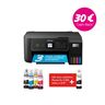 Weißer Epson EcoTank Drucker. Nahaufnahme. Cashback-Aktion wird beworben. Tintenflaschen sind sichtbar. Produktname: Drucker EcoTank.