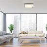 Quadratische LED-Deckenleuchte mit abgerundeten Ecken, silberfarbenem Rahmen und flächiger, homogener Ausleuchtung. Sie wirkt modern und minimalistisch.