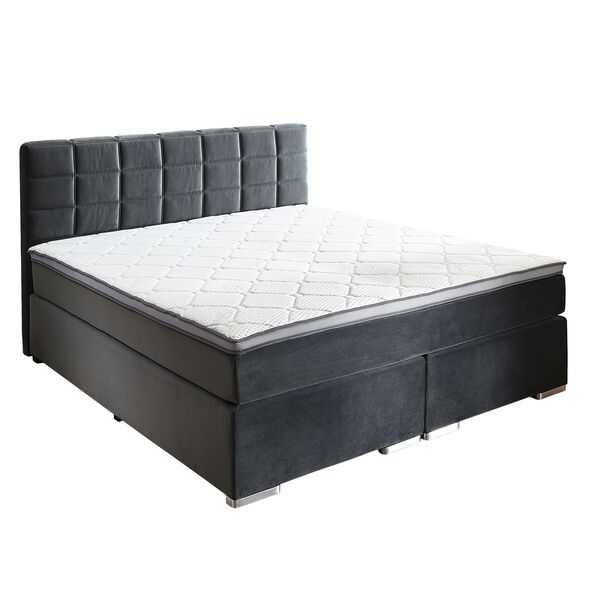 Anthrazitfarbenes Boxspringbett Premium mit einem gepolsterten Kopfteil und einer Matratze, Größe 180 x 200 cm, freigestellt vor neutralem Hintergrund.