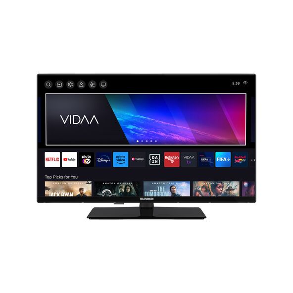 Schwarzer HD Ready Fernseher mit schmalem Rahmen und Standfüßen, mittig platziert, vor neutralem Hintergrund, mit erkennbarem Bildschirm.