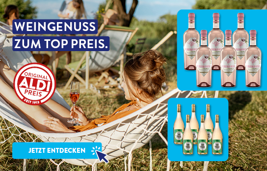 Eine Person liegt in Hängematte mit einem Glas Wein in der Hand, Überschrift &quot;Weingenuss zum Top Preis&quot;