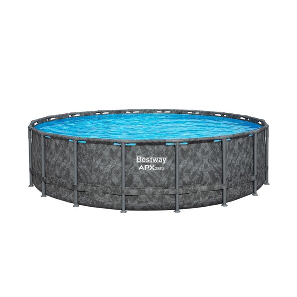 Runder, grauer Frame-Pool mit Stahlrahmen und blauer Innenfolie im Garten, teilweise mit Schnee bedeckt, inklusive Leiter und Filterpumpe.