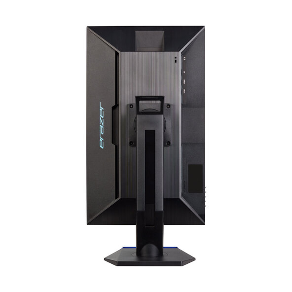 Schwarzer, rahmenloser Full HD Monitor Spectator mit Standfuß auf hellem Untergrund. Der Bildschirm zeigt ein helles, farbiges Bild.