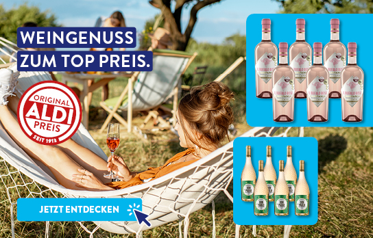 Frau liegt in Hängematte mit einem Glas Wein in der Hand, Überschrift &quot;Weingenuss zum Top Preis&quot;