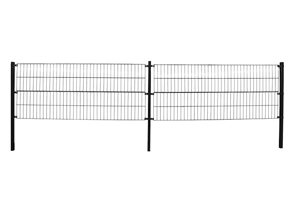 Anthrazitfarbener Doppelstabmattenzaun, bestehend aus mehreren Zaunelementen und Pfosten, aufgebaut im Garten. Die Höhe des Zauns beträgt 160 cm.