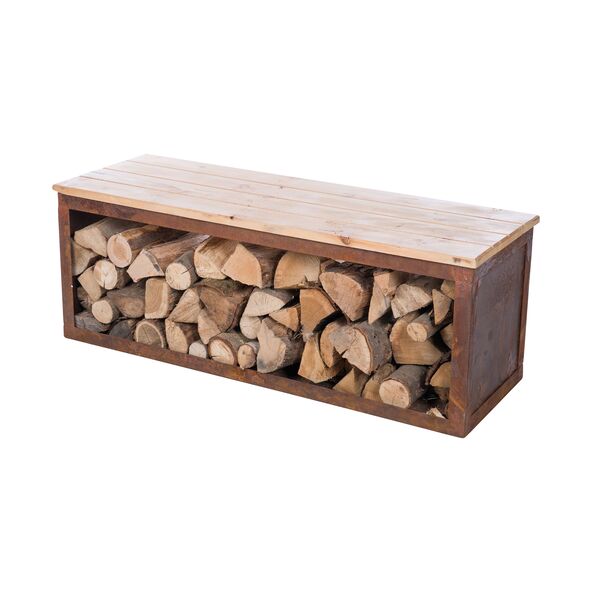Holzlagerbank Tyr aus hellem Holz mit integriertem Lagerfach, geeignet für Holzscheite, vor einer Hauswand platziert.