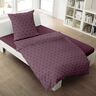 Bettwäsche Jacquard-Feinbiber Grafik bordeaux, bestehend aus einem Kissen- und einem Bettbezug. Das Muster zeigt stilisierte, florale Elemente in Bordeaux- und Beigetönen auf hellem Grund.