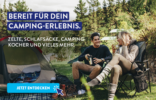Banner zeigt zwei Personen neben einem Campingzelt mit der Überschrift &quot;Bereit für dein Camping-Abenteuer&quot;