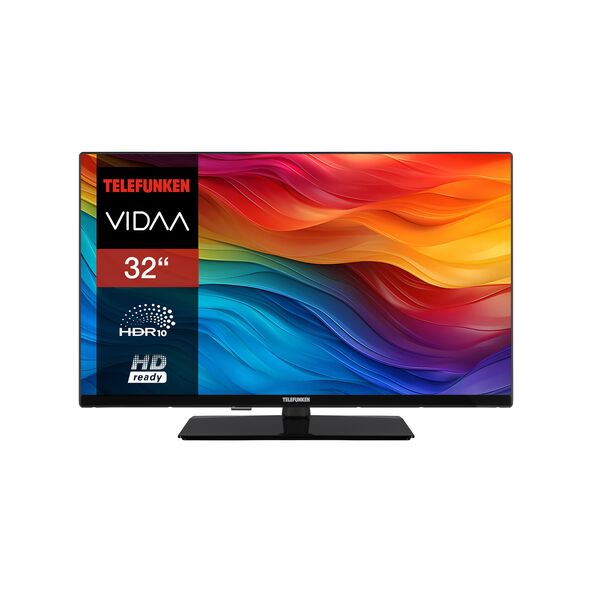 Schwarzer HD Ready TV mit schmalem Rahmen, stehend auf zwei Füßen. Der Bildschirm zeigt ein helles, unspezifisches Bild.