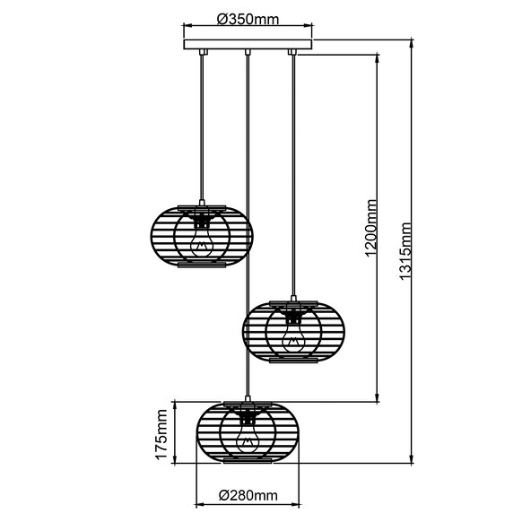 Dreiflammige Pendelleuchte Woodball mit Holzkugeln an Textilkabeln, befestigt an einer rechteckigen Deckenhalterung aus Metall.