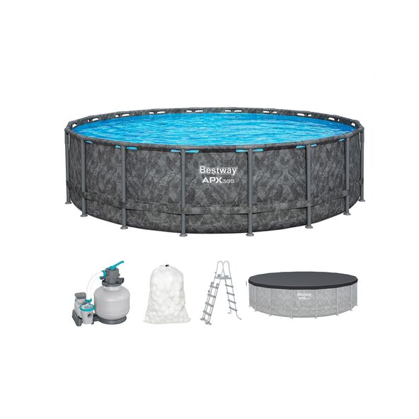 Runder, winterfester Frame Pool mit Stahlrahmen und blauer Innenfolie im Komplett-Set, teilweise mit Schnee bedeckt, im Garten aufgebaut.