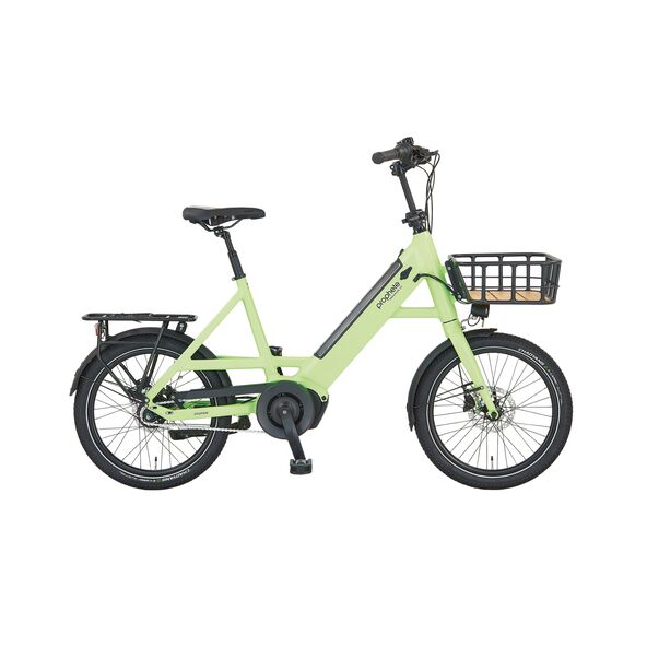 Kompaktes E-Bike Urbanicer in Grau mit tiefem Einstieg, Gepäckträger hinten, Schutzblechen und Frontscheinwerfer vor einem neutralen Hintergrund.
