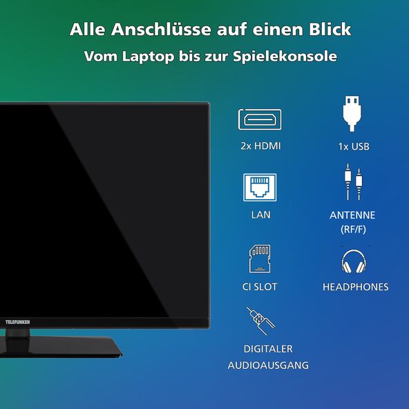Schwarzer HD Ready Fernseher mit schmalem Rahmen steht auf zwei Füßen. Der Bildschirm zeigt ein helles, farbenfrohes Bild.