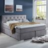 Lichtgraues Boxspringbett Premium mit hohem Kopfteil, bezogen mit Stoff, in der Größe 180 x 200 cm, freistehend vor neutralem Hintergrund.