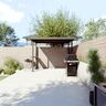 Anthrazitfarbene Bar Pergola mit verstellbarer Lamellenüberdachung. Die Pergola bietet Schatten und Schutz und steht auf einer Terrasse.