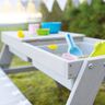Graue Outdoor-Kinder-Sitzgruppe Play for mit vier integrierten Sitzen und einem Tisch in der Mitte, geeignet für den Außenbereich.