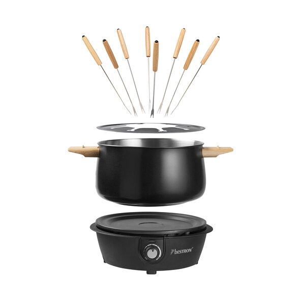 Fondueset für acht Personen mit Edelstahltopf auf schwarzem Rechaud mit Drehregler, acht farblich markierten Fonduegabeln und einer Gabelhalterung.