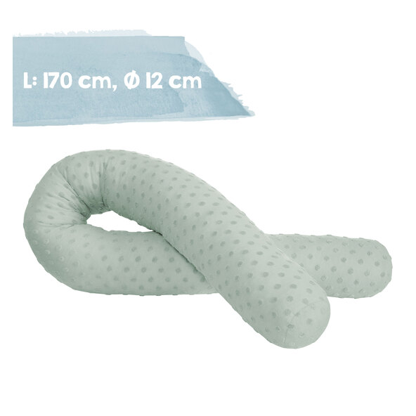 Grünes Baby Geschenkset Kuscheln & Spielen mit einer gehäkelten Spieluhr, einem Plüschtier, einem Halstuch und einem Schnuffeltuch auf hellem Untergrund.