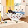 Bettwäsche Renforcé, Autos: Blau-graue Kleinkinderbettwäsche mit hellblauen Bagger- und Kipplaster-Motiven auf weißem Grund, bestehend aus Kissen- und Deckenbezug.