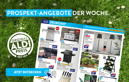 Aufgeschlagenes Prospekt liegt auf grüner Wiese, Überschrift &quot;Prospekt-Angebote der Woche&quot;