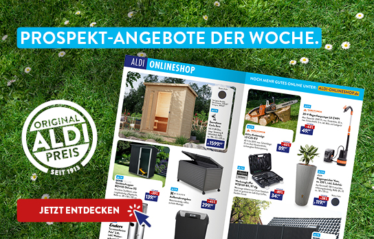 Aufgeklapptes Prospekt liegt auf grüner Wiese, Überschrift &quot;Prospekt Angebote der Woche&quot;