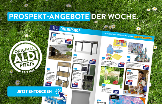 Banner zeigt ein aufgeschlagenes Prospekt auf grüner Wiese mit der Überschrift &quot;Prospekt-Angebote der Woche&quot;