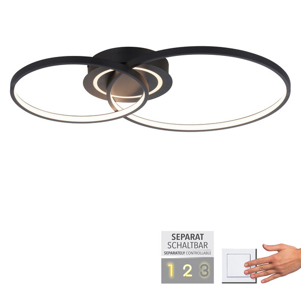 Schwarze LED-Deckenleuchte ASMINA mit rundem, flachem Design. Das Licht scheint gleichmäßig und dezent nach unten.