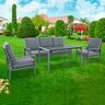 Alu Lounge Sitzgruppe mit grauem Aluminiumgestell, bestehend aus Sofa, Sesseln und Tisch mit grauer Tischplatte, auf einer Terrasse.