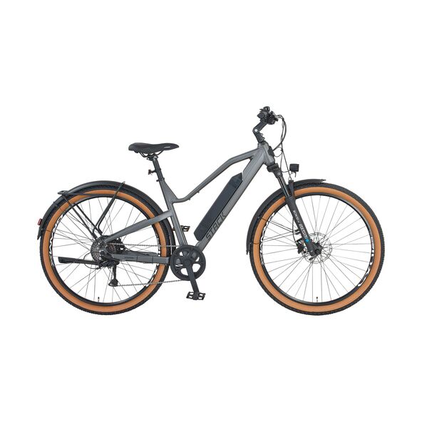 Schwarzes Stack Sport E-SUV Bike mit 29-Zoll-Rädern, Mountainbike-Design, sichtbarem Akku am Unterrohr und sportlicher Rahmengeometrie.