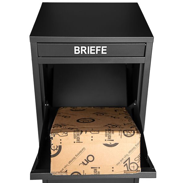 Schwarzer Paketbriefkasten mit integriertem Paketsafe, freistehend, zur sicheren Aufbewahrung von Briefen und Paketen.
