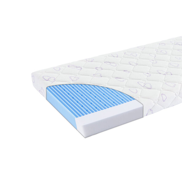 Gitterbettmatratze Air Flow Comfort, frontal, leicht schräg von oben fotografiert. Die Matratze ist weiß und liegt auf einem neutralen Untergrund.