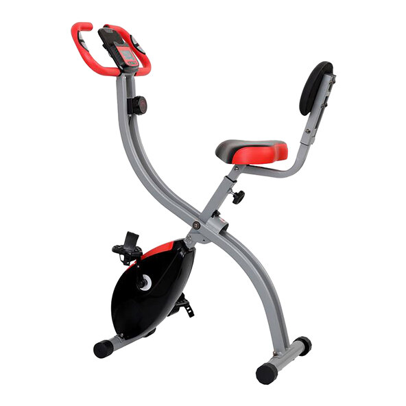 Zusammengeklappter Heimtrainer F-Bike Curved in Schwarz und Grau. Der Sattel und die Griffe sind erkennbar. Der Hintergrund ist neutral weiß.