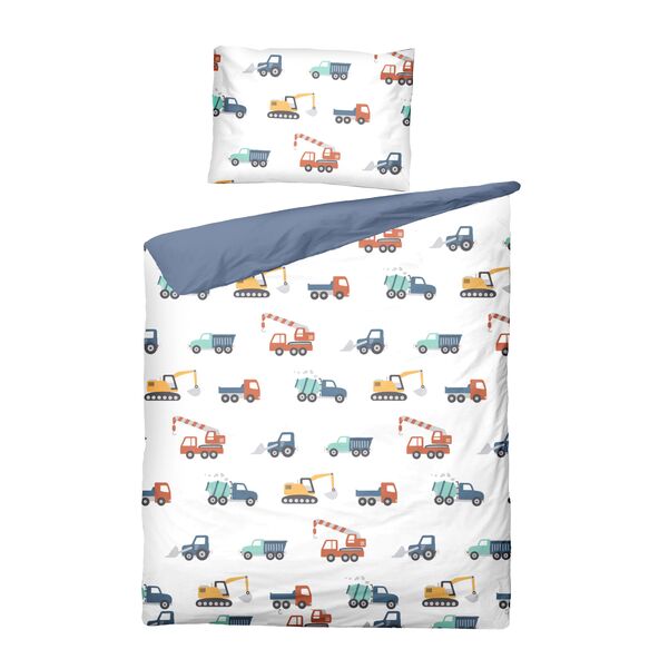 Bettwäsche für Kleinkinder mit Auto-Motiven in Blau- und Grautönen. Die Bezüge sind glatt und zeigen verschiedene Fahrzeugarten wie Bagger und Kipplaster.